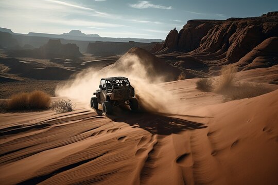 Buggy rides in the desert or sandy canyon. Generative ai