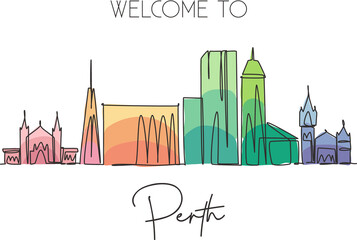 One single line drawing of Perth city skyline, Australia. Historical town landscape. Best holiday destination home decor wall art poster print. Trendy continuous line draw design vector illustration