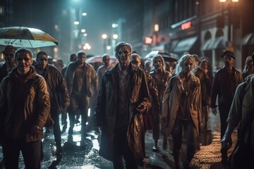 A crowd of zombies in the night city. Apocalypse, flock, horde, crowd of obsessed zombies in the night city. Generative ai