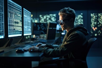 A professional hacker in a hood is working on hacking servers and websites. A hacker works in a multi-monitor environment while hacking into a server. Generative AI