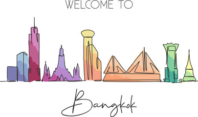 Obraz premium One continuous line drawing of Bangkok city skyline, Thailand. Beautiful landmark. World landscape tourism travel vacation poster. Editable stylish stroke single line draw design vector illustration