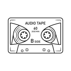 Retro vintage tape cassette. Music audio record from 80-90s. Doodle sketch style. Isolated vector illustration on white background.