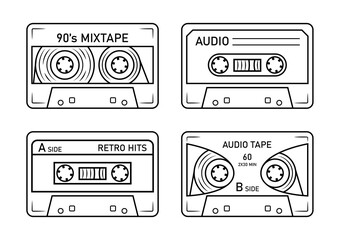 Set of audio cassettes tape. Various music audio records. Different mixtapes. Nostalgia for the 80s and 90s. Doodle sketch style. Isolated vector illustration on white background.