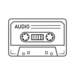 Audio cassette with magnetic tape. Trendy 80s 90s design. Hand drawn sketch style. Isolated vector illustration in doodle line style.