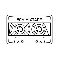 Audio cassette. Hand drawn sketch icon of retro element. 80s and 90s design. Isolated vector illustration in doodle line style.