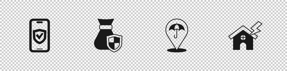 Set Insurance online, Money bag with shield, Umbrella and House and lightning icon. Vector