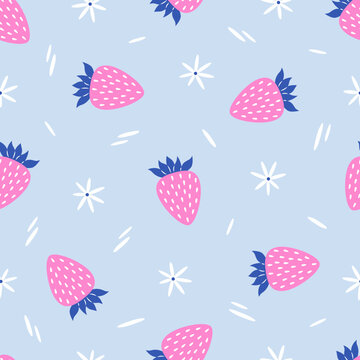 Cute strawberry and small flowers seamless pattern on blue background. Summer berries theme. Print is suitable for textile, wrapping paper, fabrics, apparel etc. Vector illustration.