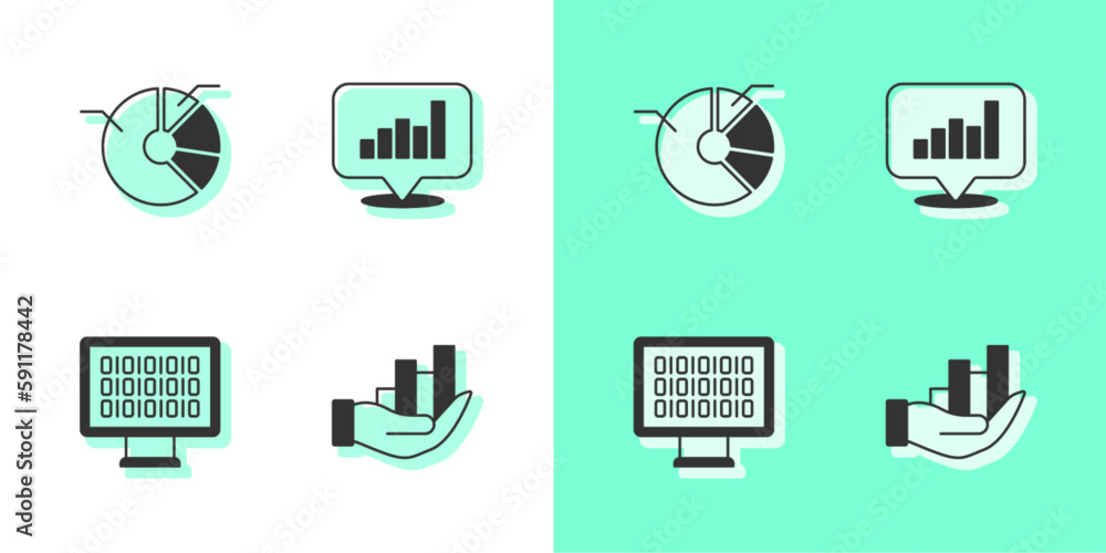 Poster set pie chart infographic, binary code and icon. vector