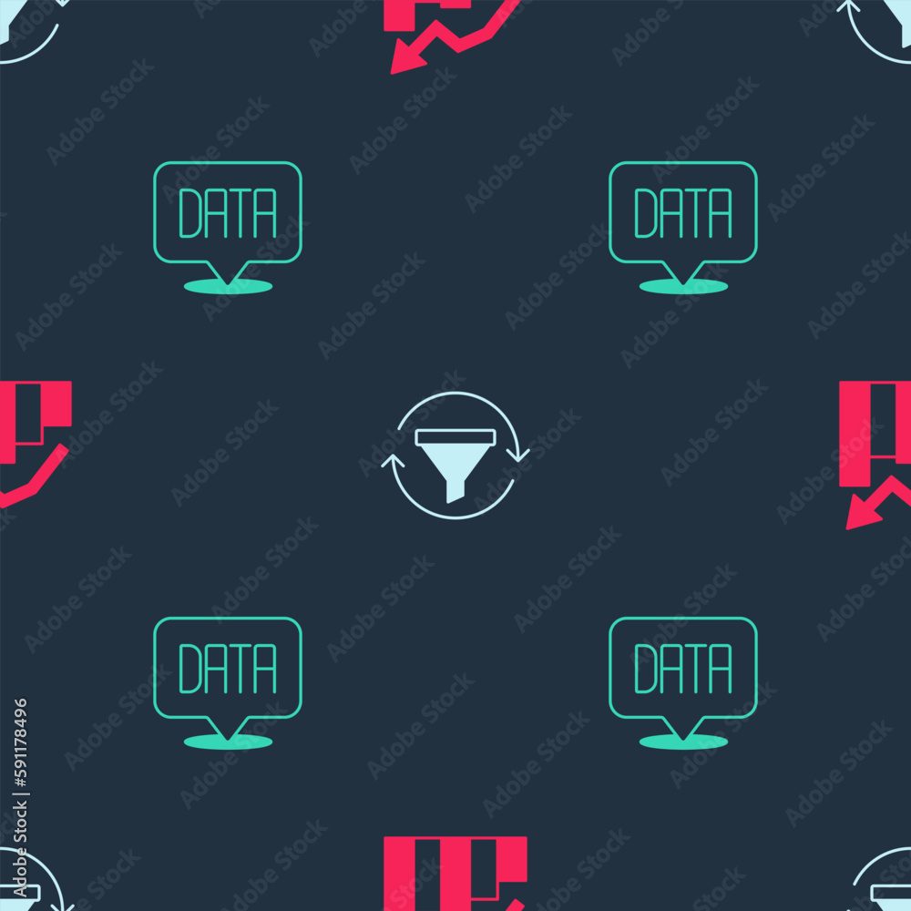 Aufkleber set financial growth, sales funnel with chart and data analysis on seamless pattern. vector