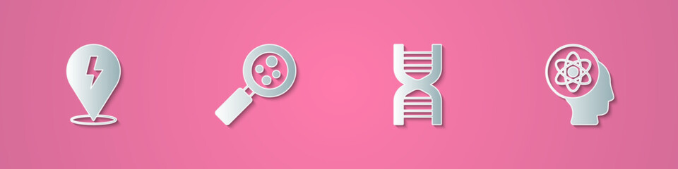 Set paper cut Lightning bolt, Microorganisms under magnifier, DNA symbol and Atom icon. Paper art style. Vector