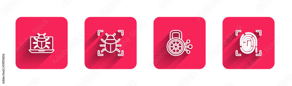 Poster set line system bug on monitor, , cyber security and fingerprint with long shadow. red square button