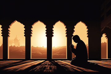 Illustration of Muslim people praying in the mosque