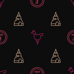 Set line Rouble, ruble currency, The Tsar bell and Cockerel lollipop on seamless pattern. Vector