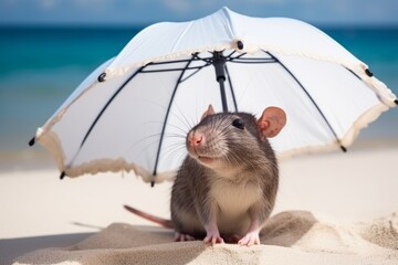 A rat basks in the summer sun on the beach under an umbrella. Animal on warm sand surrounded by sea water Generative AI