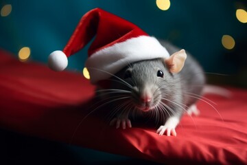 A rat dressed as Santa Claus is waiting for a happy New Year and Christmas. Santa's animal Generative AI