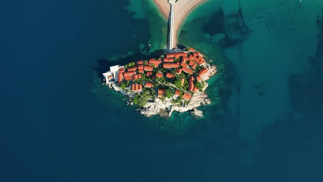 4k aerial footage of sveti stefan, one of the famous spots in montenegro