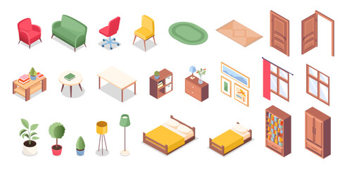 Isometric furniture set. Collection of sofas and chairs, wardrobe. Paintings, lamps and flowers in pot. Decor and interior elements. Cartoon vector illustrations isolated on white background