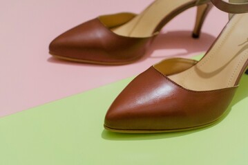 Pair of brown stilettos on soft green and pink background