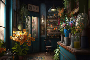 Fototapeta na wymiar Classical mid-century vintage florist, flower store full of colorful flowers