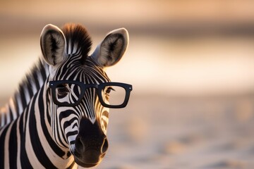Fototapeta na wymiar A zebra with glasses on the beach basks in the summer sun on the beach. Animal on warm sand surrounded by sea water Generative AI