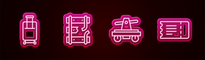 Set line Suitcase, Broken rails on railway, Draisine or handcar and Train ticket. Glowing neon icon. Vector