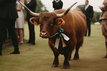 a bull in a bow tie at a wedding with flowers came to congratulate the bride and groom. A wedding ceremony and many people around Generative AI