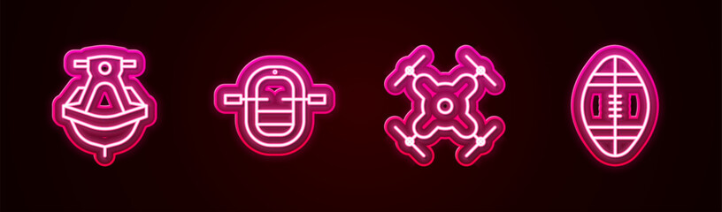 Set line Jet ski, Rafting boat, Drone flying and Rugby ball. Glowing neon icon. Vector
