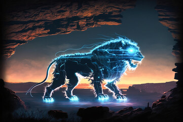 The lion in the desert biotechnology glowing lines