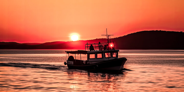 A boat is seen in the sunset at Ilha do Mel, Paran�, in a HD sky wallpaper - generative ai.