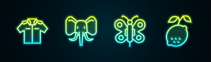 Set line Shirt, Elephant, Butterfly and Lemon. Glowing neon icon. Vector