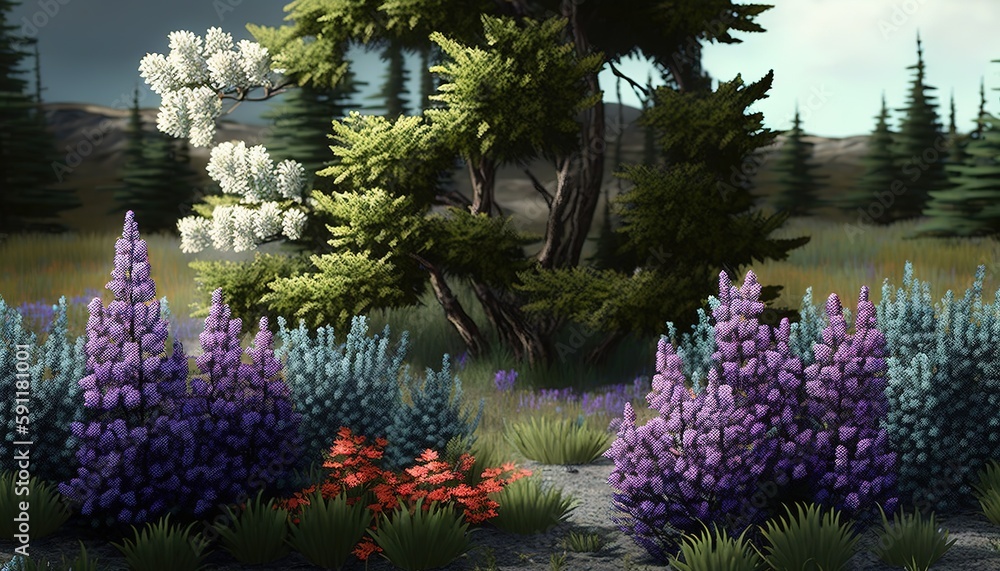 Poster wild lupine against a forest backdrop of shrubs and trees generative ai