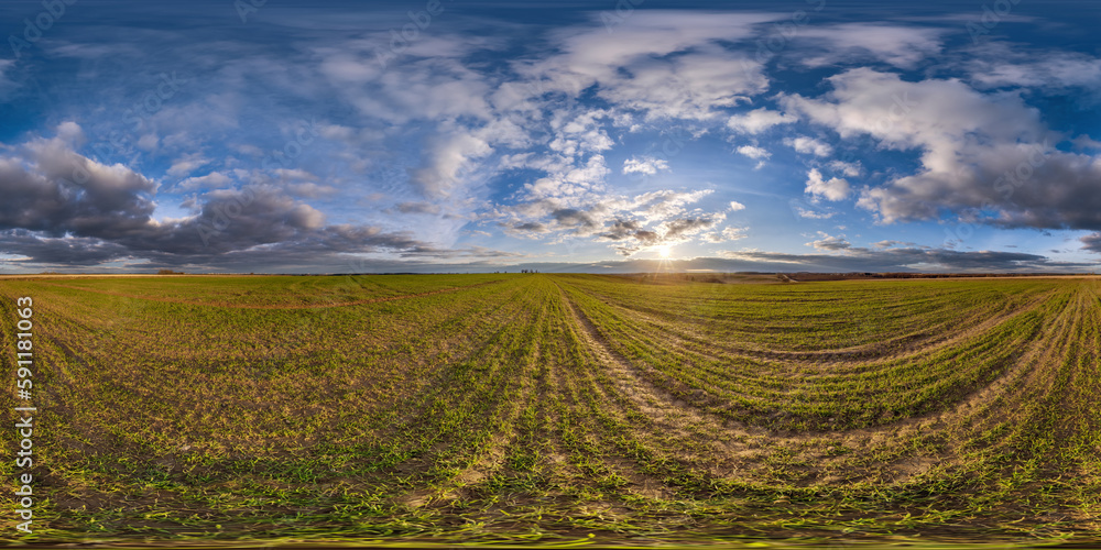 Canvas Prints 360 hdri panorama view among fields with sunset sky in golden hour in countryside in equirectangular