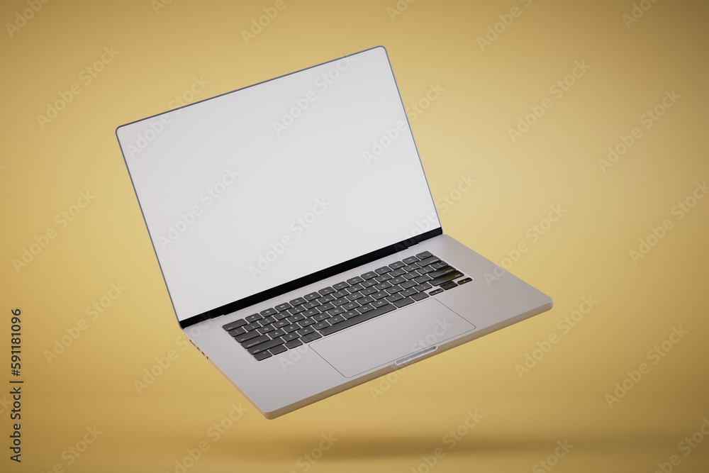 Aufkleber isolated laptop with empty space on yellow background. 3d render