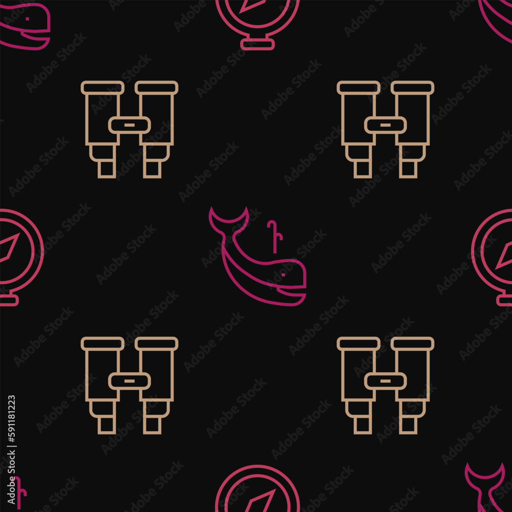 Poster set line compass, binoculars and whale on seamless pattern. vector