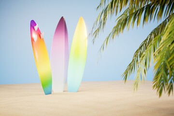 the concept of surfing on the beach. surfboards on a sandy beach with palm trees. 3D render
