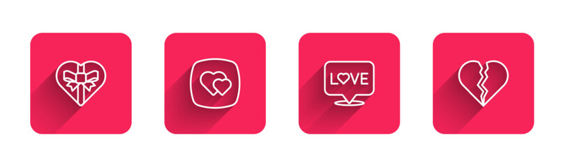 Set line Candy in heart shaped box, Heart, Love text and Broken or divorce with long shadow. Red square button. Vector