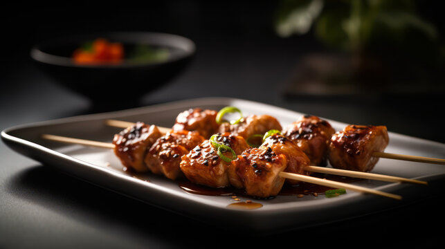 Mouthwatering Yakitori: Grilled Japanese Chicken Skewers - food photography. Generative AI