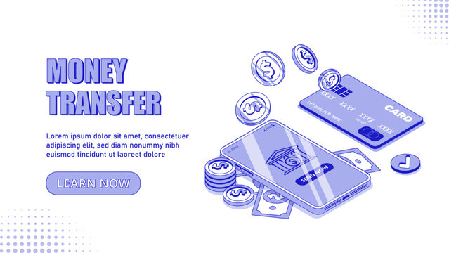 Money Transfer Concept. Smartphone Lies Next To Bank Card. Electronic Transactions And Banking. Online Payment And Shopping, Ewallet. Landing Page Design. Cartoon Isometric Vector Illustration