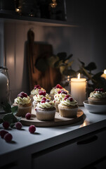 Obraz na płótnie Canvas A quaint Christmas kitchen scene with freshly baked cupcakes adorned with cream and berries, juxtaposed with glowing candles, painting a picture of holiday coziness.
