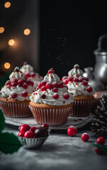 A festive spread of Christmas cupcakes, garnished with red berries, amidst a backdrop of pine cones and twinkling lights, evoking holiday warmth.