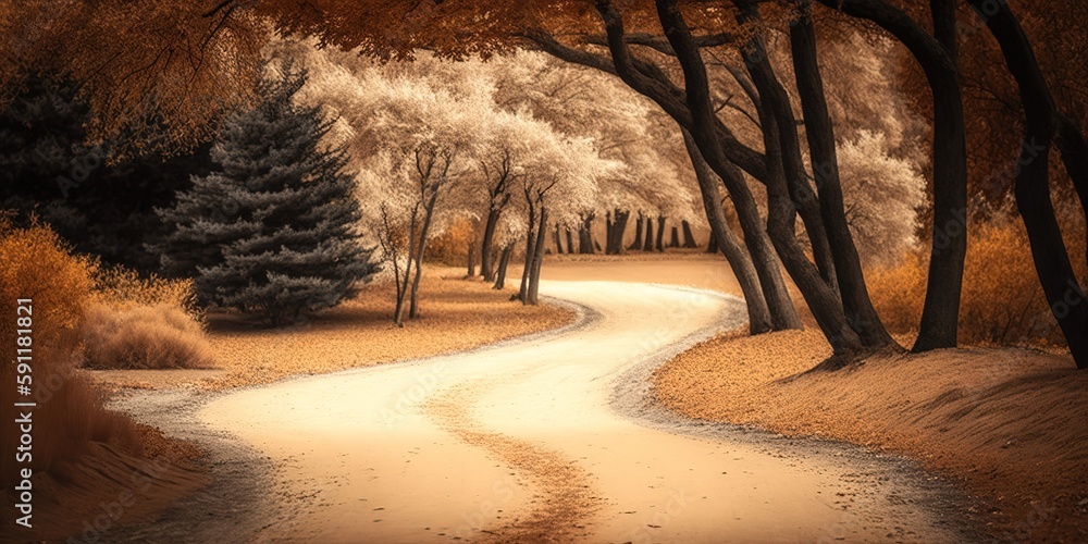 Poster sand walkway between trees in the park on an autumn day. copy space. selective focus. generative ai