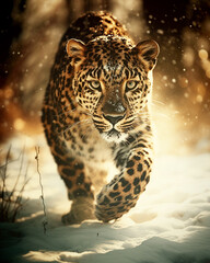 Superb leopard running on the snow ready to attack made with generative AI
