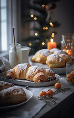 Cozy holiday tableau with flaky croissants, accompanied by milk and a backdrop of candles, set for a serene Christmas morning.
