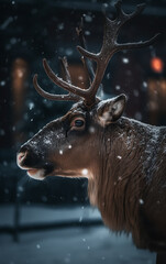 Noble deer standing gracefully under a snowy evening sky, portraying winter's serene beauty against urban lights.