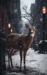 Majestic deer stands amid a snowy urban landscape, capturing the quiet beauty of winter in the city.