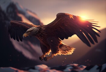 Eagle flying to the sun - 3D render. Generative AI