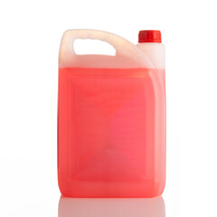 Plastic canister with liquid isolated on a white background.