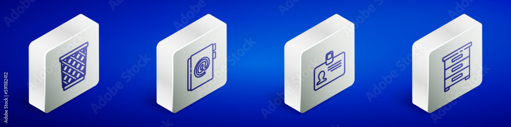 Poster set isometric line trash can, address book, identification badge and drawer with documents icon. vec