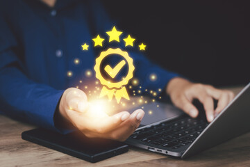 digital marketing business man doing icon certification  iso guarantee quality management service...