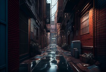 Dark wet alleyway, illustration of a back alley. Generative AI